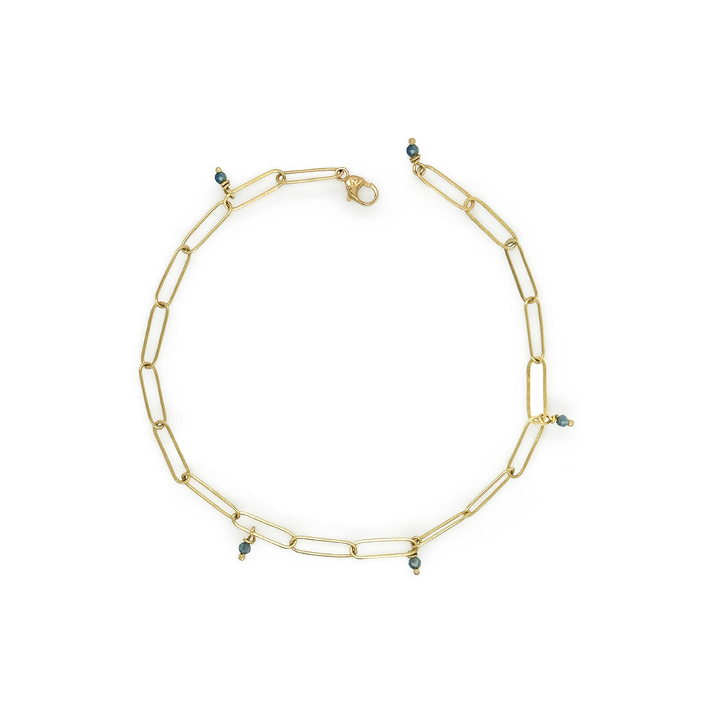 18k yellow gold "Popsicle Stick" link bracelet, hand-fabricated, with blue sapphire beads and a lobster clasp. Bracelet is 7.5" long.