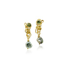 Hand-fabricated octopus earrings in 18k yellow gold with light green sapphires (4mm), white diamonds (0.04cttw), and grey Tahitian keshi pearl dangles. Earrings are post-backs and are 1 1/8" long x 5/16" diameter (28x8mm).