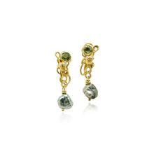 Hand-fabricated octopus earrings in 18k yellow gold with light green sapphires (4mm), white diamonds (0.04cttw), and grey Tahitian keshi pearl dangles. Earrings are post-backs and are 1 1/8" long x 5/16" diameter (28x8mm).