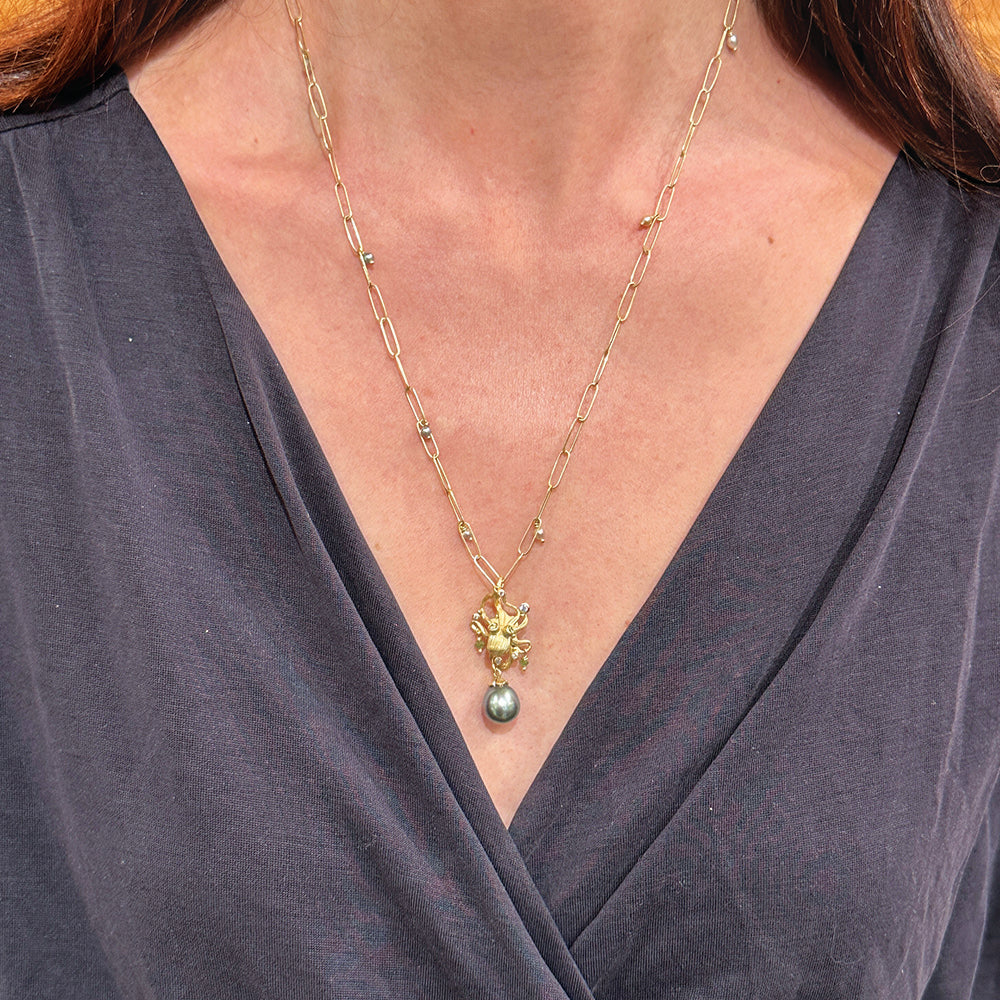 Hand-Forged Octopus Pendant with Tahitian Pearl and Diamonds
