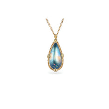 One-of-a-kind necklace with an elongated pear- shaped blue-flash moonstone with a rainbow feather inclusion, 6.48cts. Moonstone is 22mm long x 10mm wide with granulation on the bail and prongs. 18k adjustable chain (16"-18") with lobster clasp.