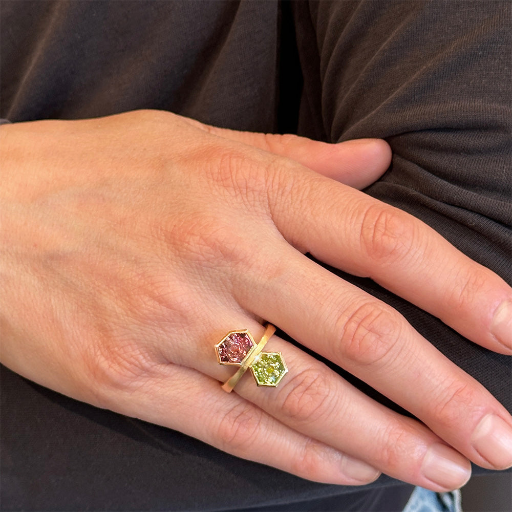 munsteiner double hex ring with peridot and tourmaline