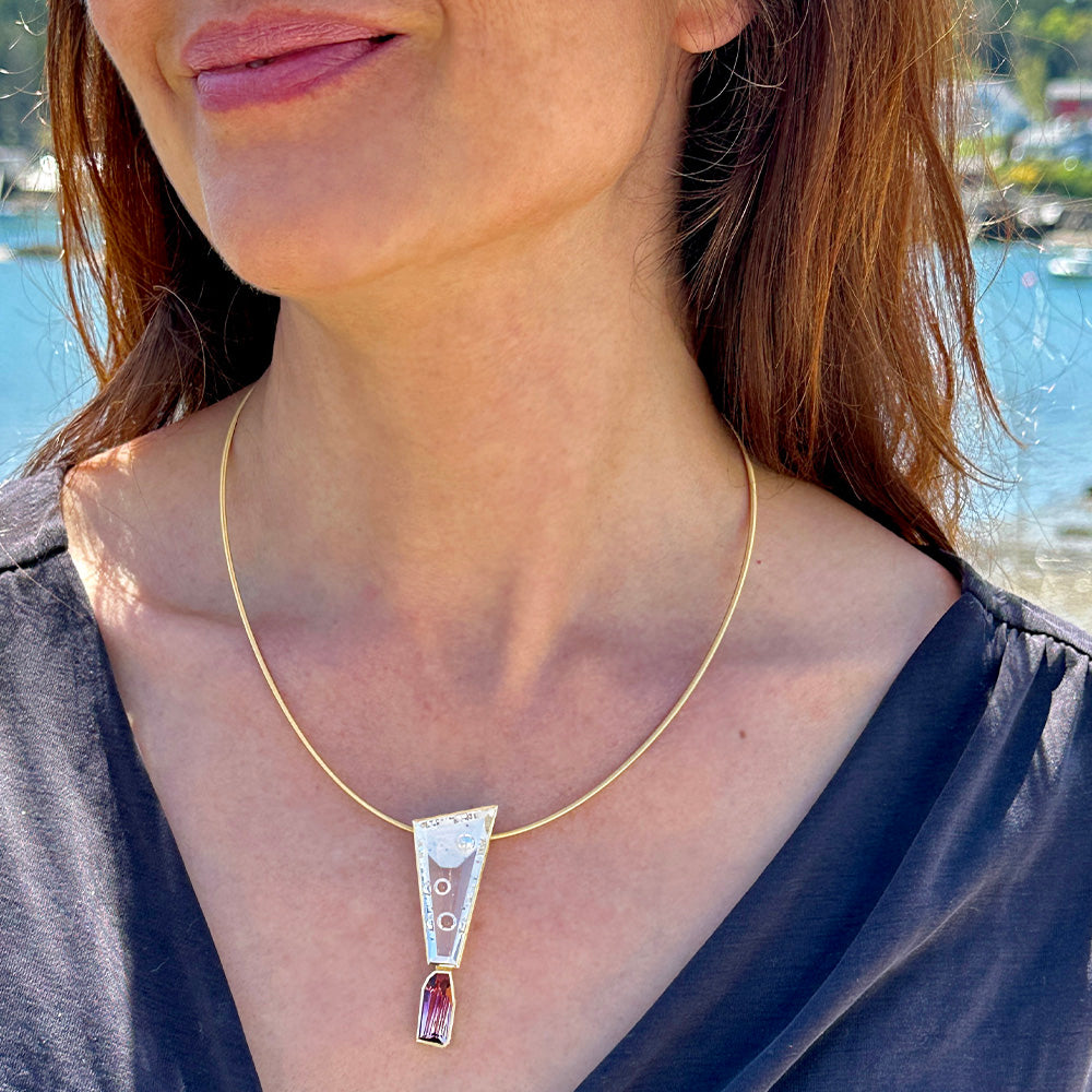 quartz with pyrite inclusions and pink tourmaline neckace