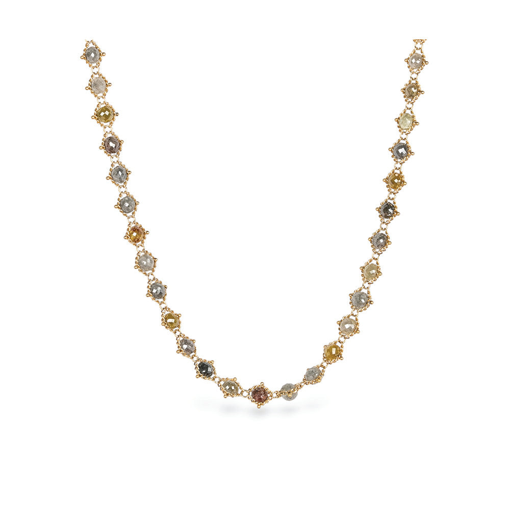 Woven necklace of natural multi-colored diamonds, approximately 24 cttw. Beads are 4mm and chain is adjustable (16"-18") with a lobster clasp.