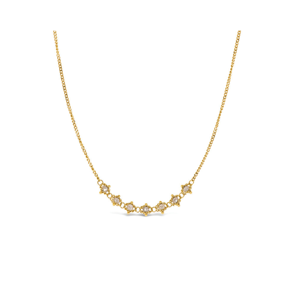 Petite Textile silver diamond necklace with approximately .70 cttw. Beads are 4mm, on an 18K gold adjustable chain (16"-18").