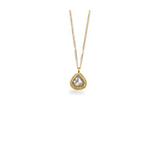 tear drop shaped silver diamond pendant with woven chain surround