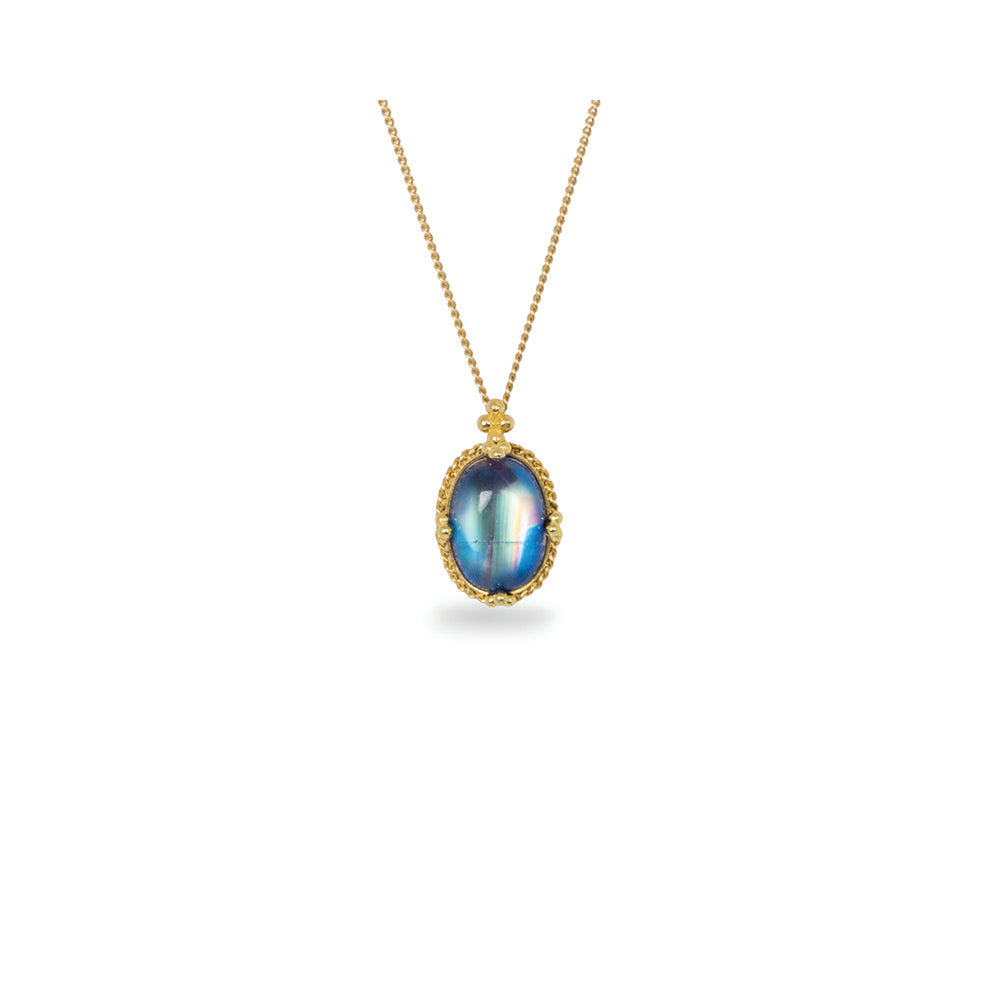 Rainbow flash moonstone pendant with feather inclusion