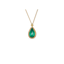 tear drop emerald pendant with woven chain surround and granulation on bail