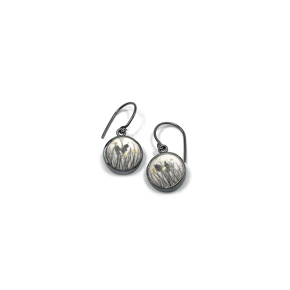 button earrings with cattails