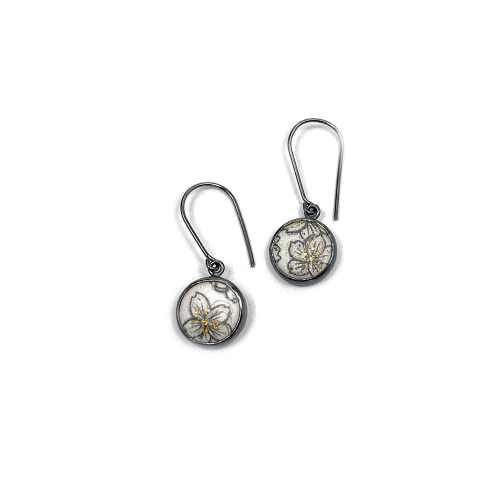 oxidized button dangles, cherry blossoms