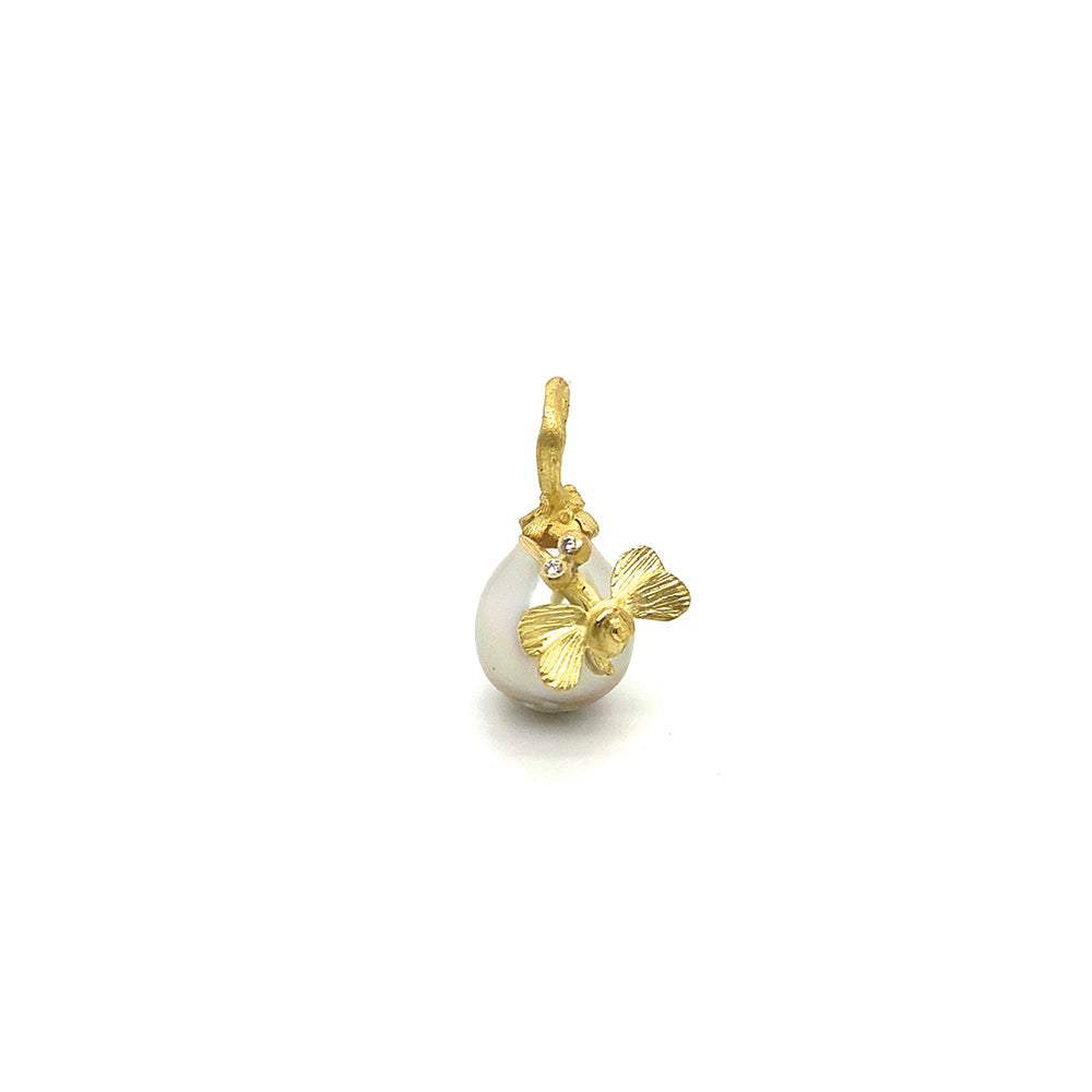 Fiji pearl pendant with hand-crafted 18k yellow gold flower bale and garden bug with diamond eyes, 0.02cttw. **Chain sold separately**