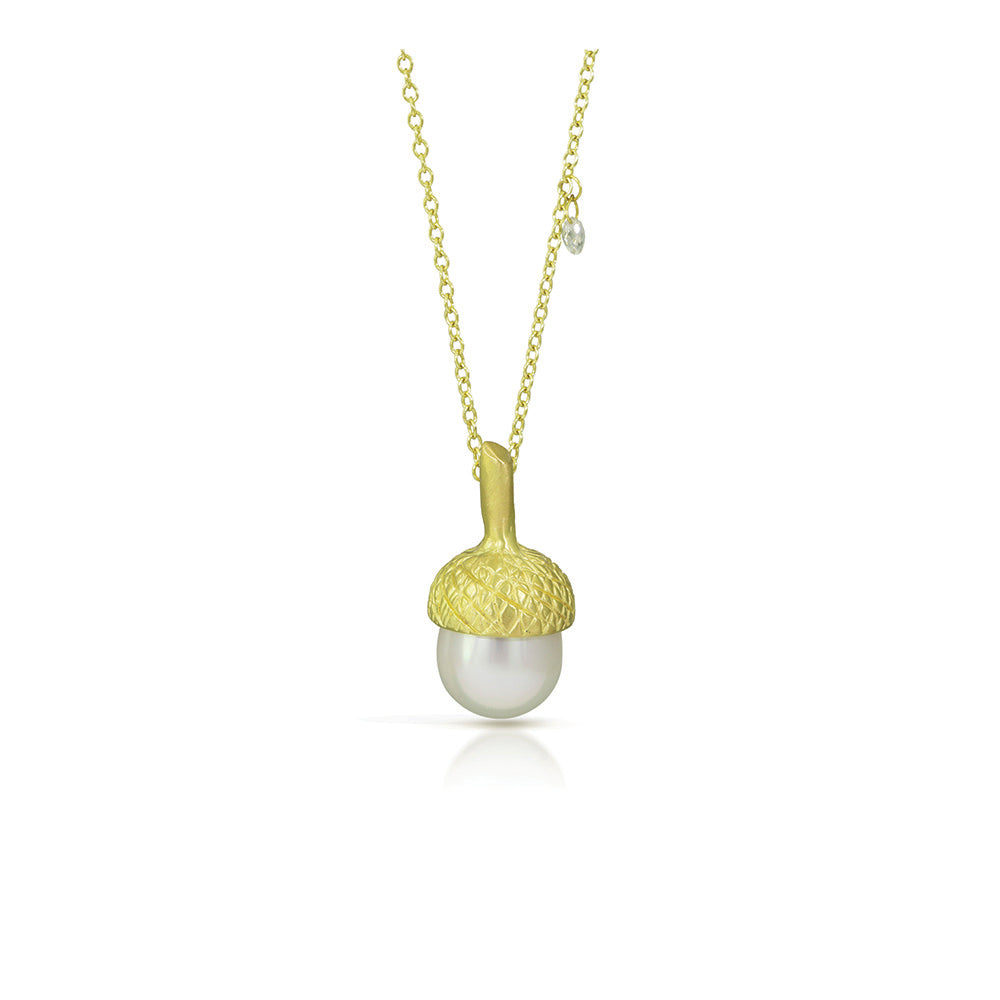 Acorn necklace with south sea pearl and diamond briolette in 18k green gold