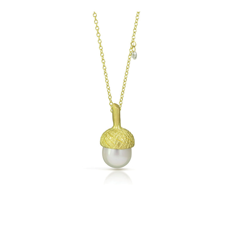Acorn Necklace with South Sea Pearl and Diamond Briolette in 18K Green Gold