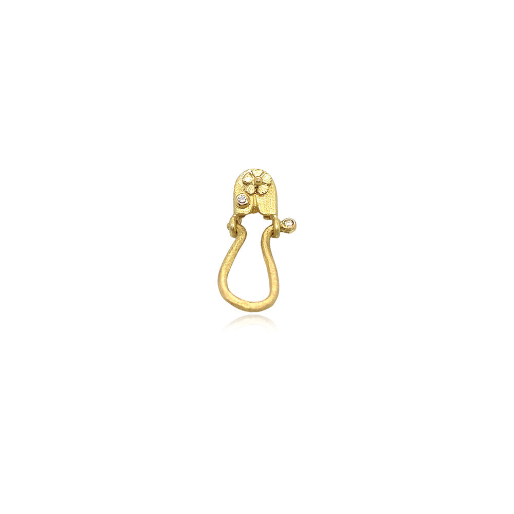 Hand-crafted 18k yellow gold charm holder with flower and diamond accents, 0.02cttw. Pendant is 9mm wide x 25 mm (1") long. **Charms sold separately**