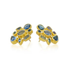 Mosaic earrings with mixed shape and cut blue sapphires set in 22k gold bezels with 18k backing on post