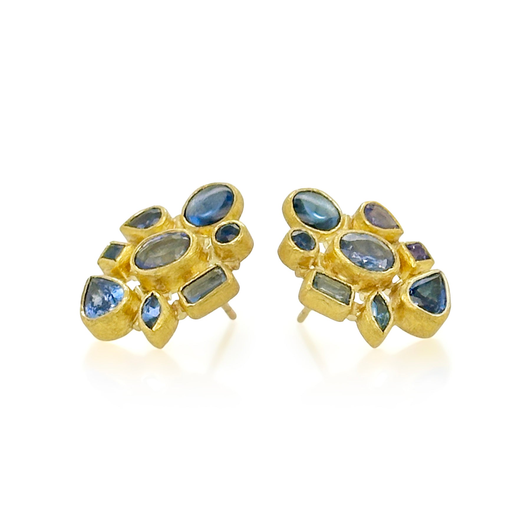 Mosaic earrings with mixed shape and cut blue sapphires set in 22k gold bezels with 18k backing on post