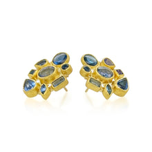 Mosaic earrings with mixed shape and cut blue sapphires set in 22k gold bezels with 18k backing on post
