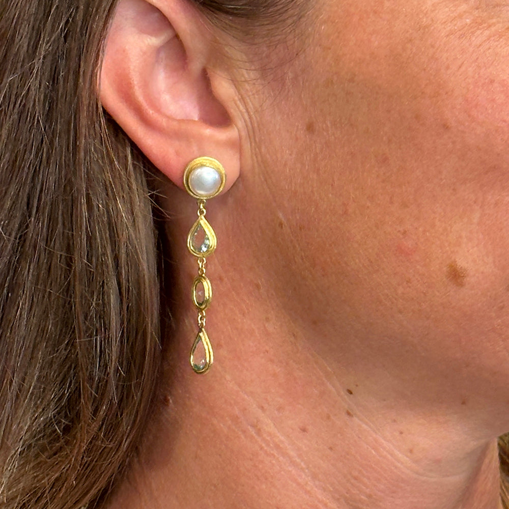Triple Aquamarine Drop Earrings with Freshwater Pearl Studs