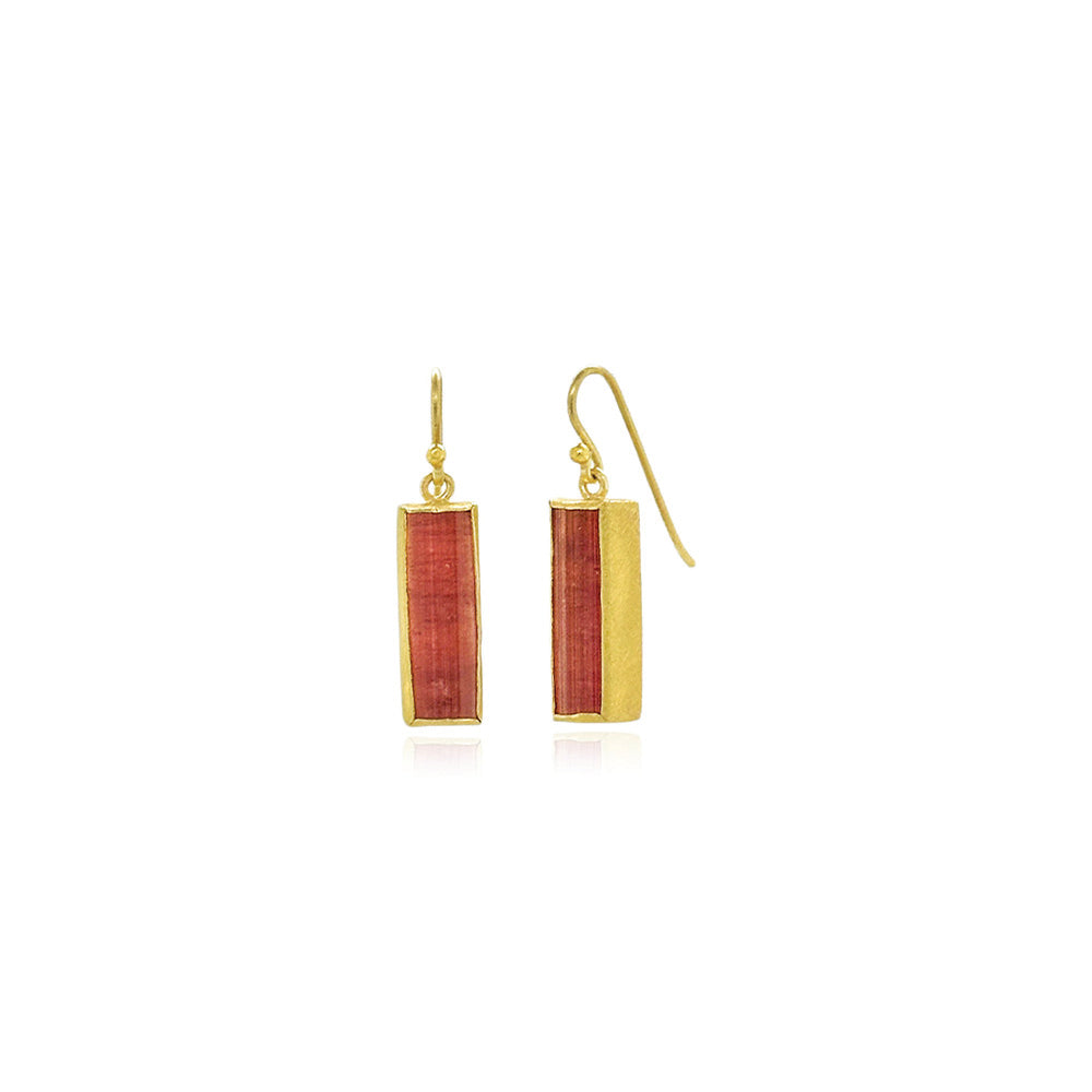 Raspberry pink rough tourmaline crystal earrings.