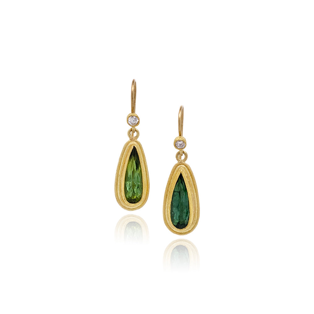 Green Tear-Drop Tourmaline Earrings in 22K and 18K Gold with Diamonds