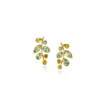 Grape cluster earrings in mixed shape aquamarines, 2.34 cttw, and yellow sapphires, 1.20 cttw, set in 22k and 18k yellow gold, on posts. Earrings are 7/8" long x 1/2" wide (22 x 13 mm).