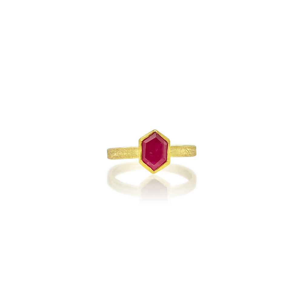 hexagonal faceted ruby stacking ring