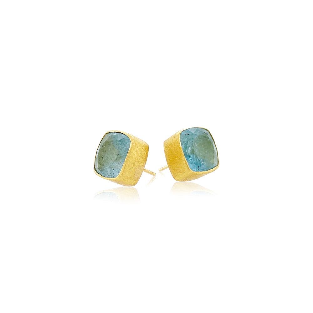 Cushion Cut, Faceted Aquamarine  Post Earrings in 22K/18K