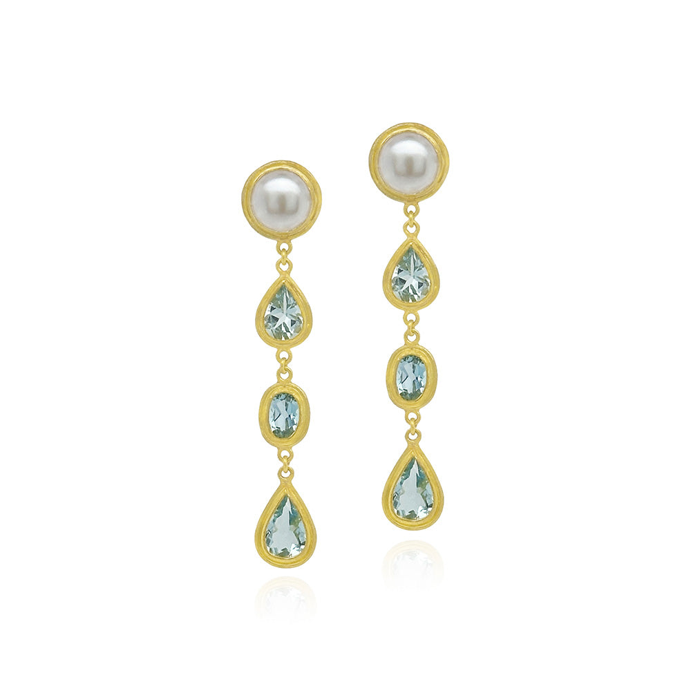 Duster earrings with freshwater pearl studs an triple aquamarine drops