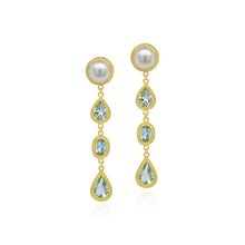 Duster earrings with freshwater pearl studs an triple aquamarine drops