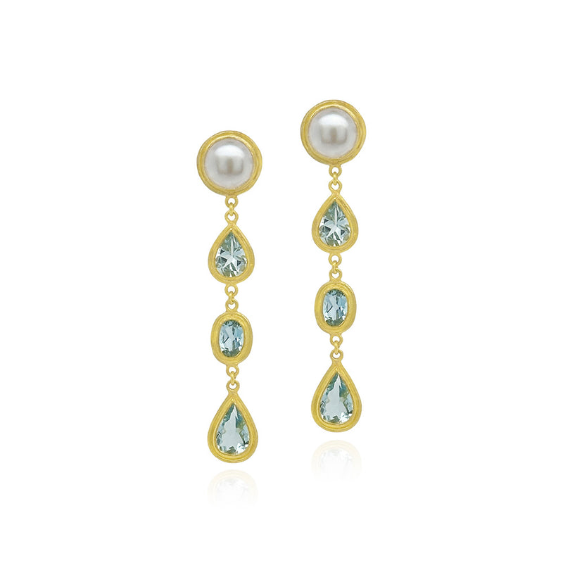 Triple Aquamarine Drop Earrings with Freshwater Pearl Studs