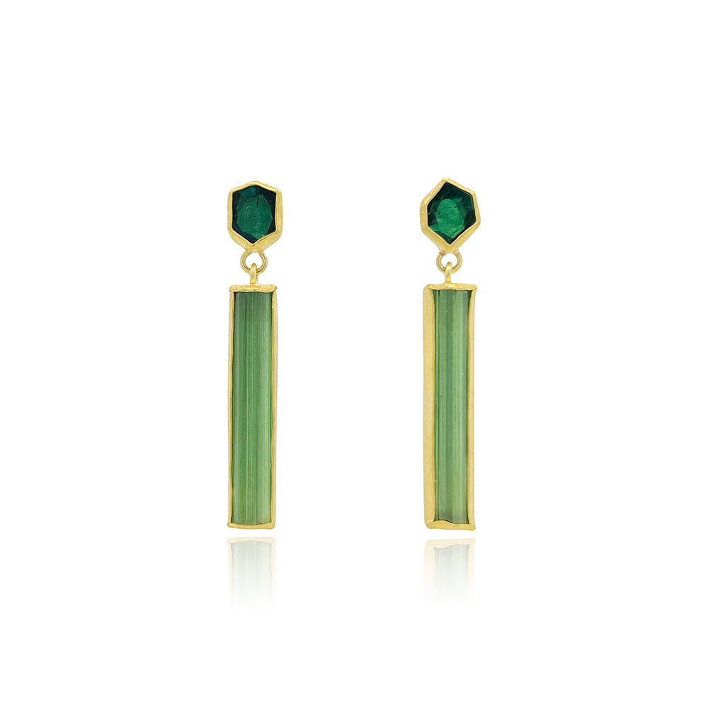 long crystal tourmaline earrings with hexagonal post-back tops