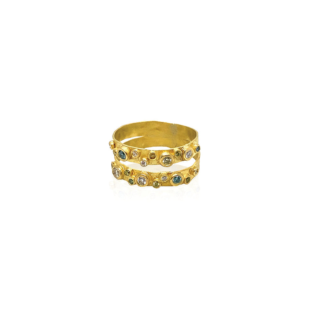 Hand-crafted 18k yellow gold ring with double bands and multi-colored diamonds, 0.32cttw, ring is a size 6.5 and is 9mm wide and tapers to 7mm. 