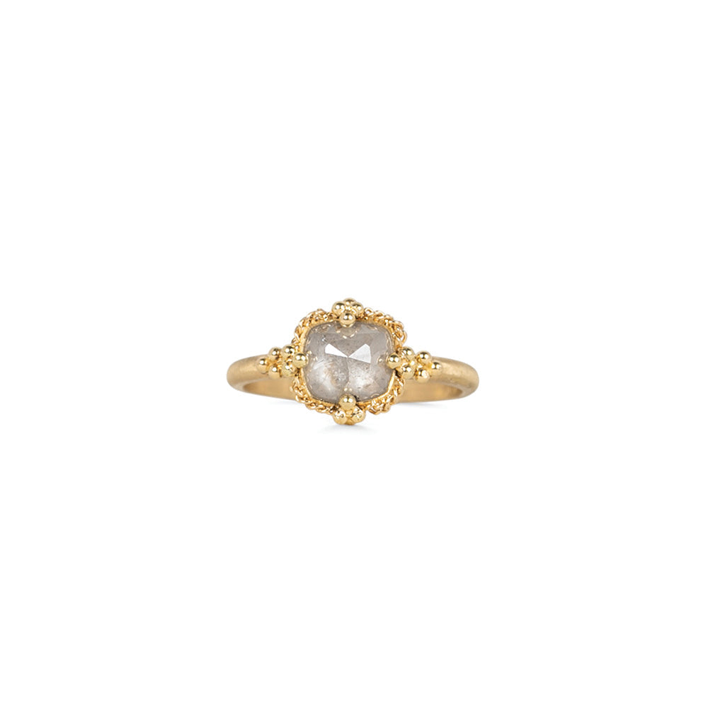 One-of-a-kind ring with a silver-grey diamond, 1.63cts. Diamond is 8 x 7mm. Ring band has granulated prongs, is 18k gold and is size 7.