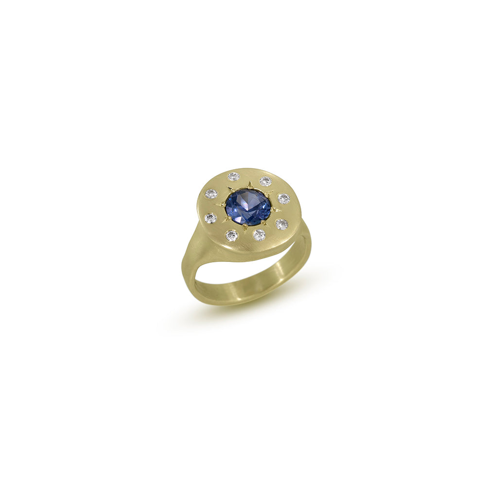 Halo Ring with Unheated Blue Sapphire and Colorless Diamonds