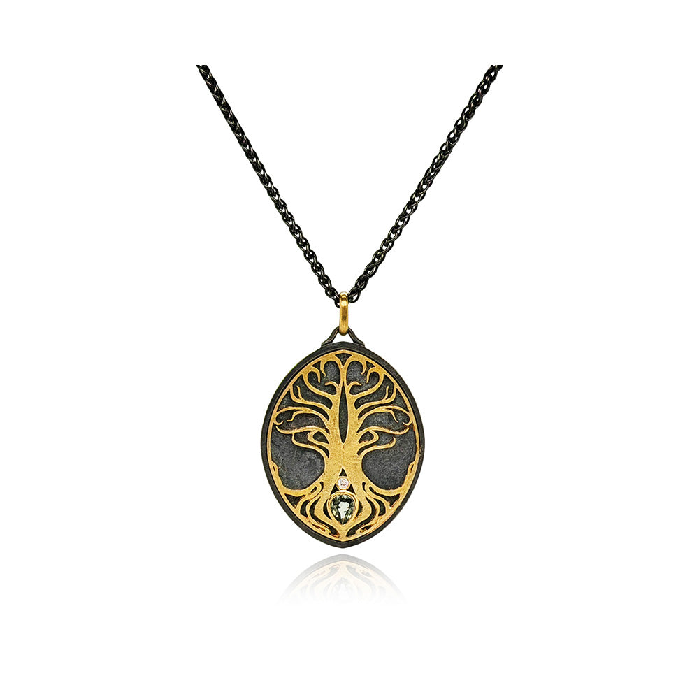 “Tree of Life” Pendant Necklace with Blue Green Sapphire and Diamond