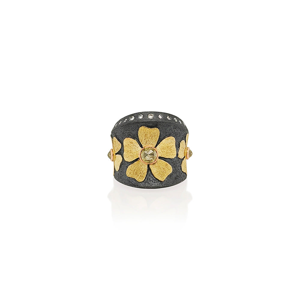 Natural Color, Rose-Cut Diamond Flower Ring in 18K