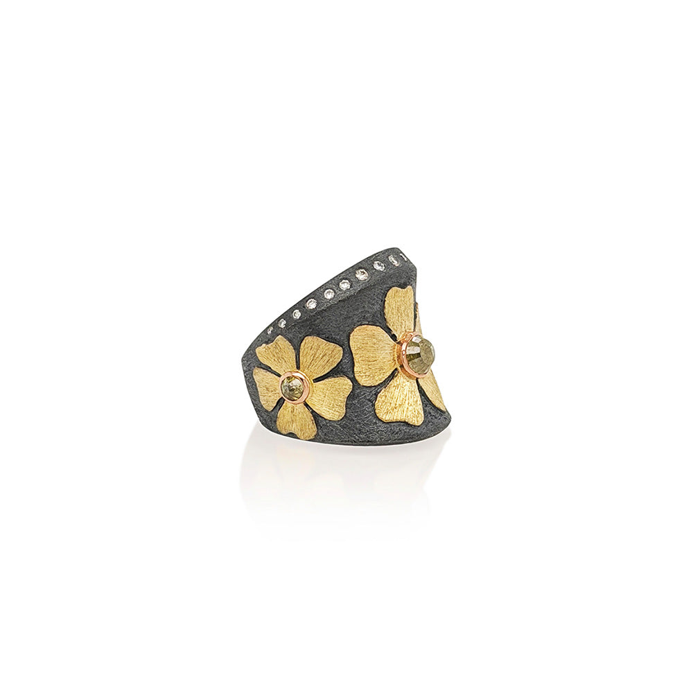 Natural Color, Rose-Cut Diamond Flower Ring in 18K