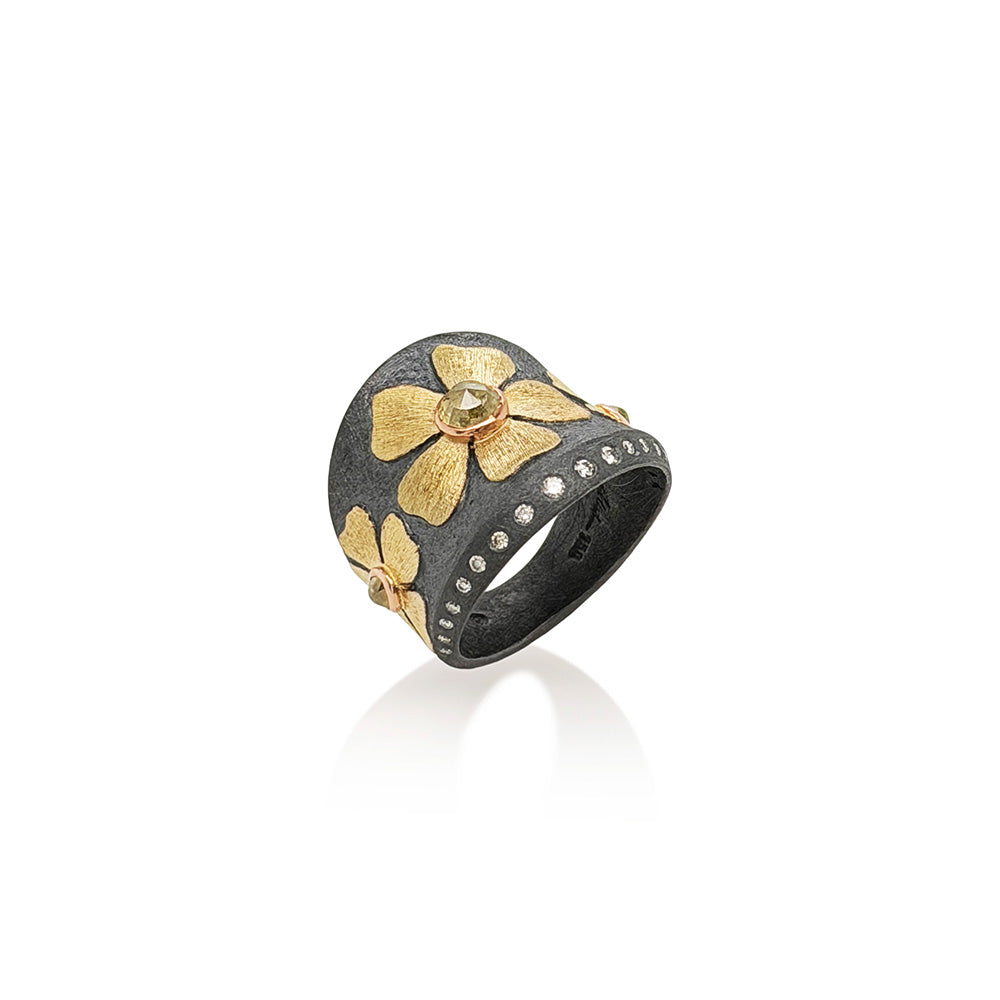 Natural Color, Rose-Cut Diamond Flower Ring in 18K