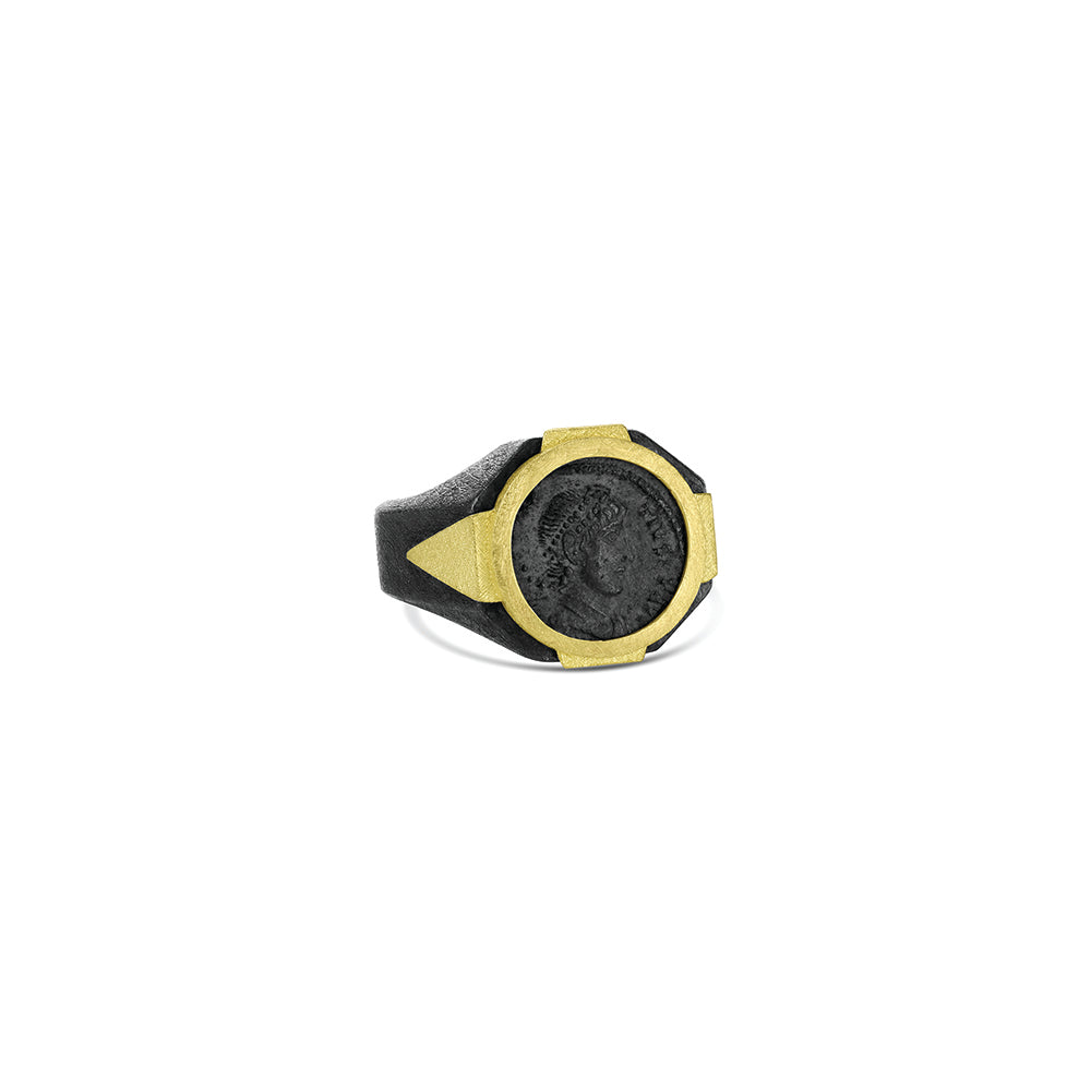 18k yellow gold and oxidized sterling silver band with ancient Roman coin. Coin is 18mm and is a size 9.25.