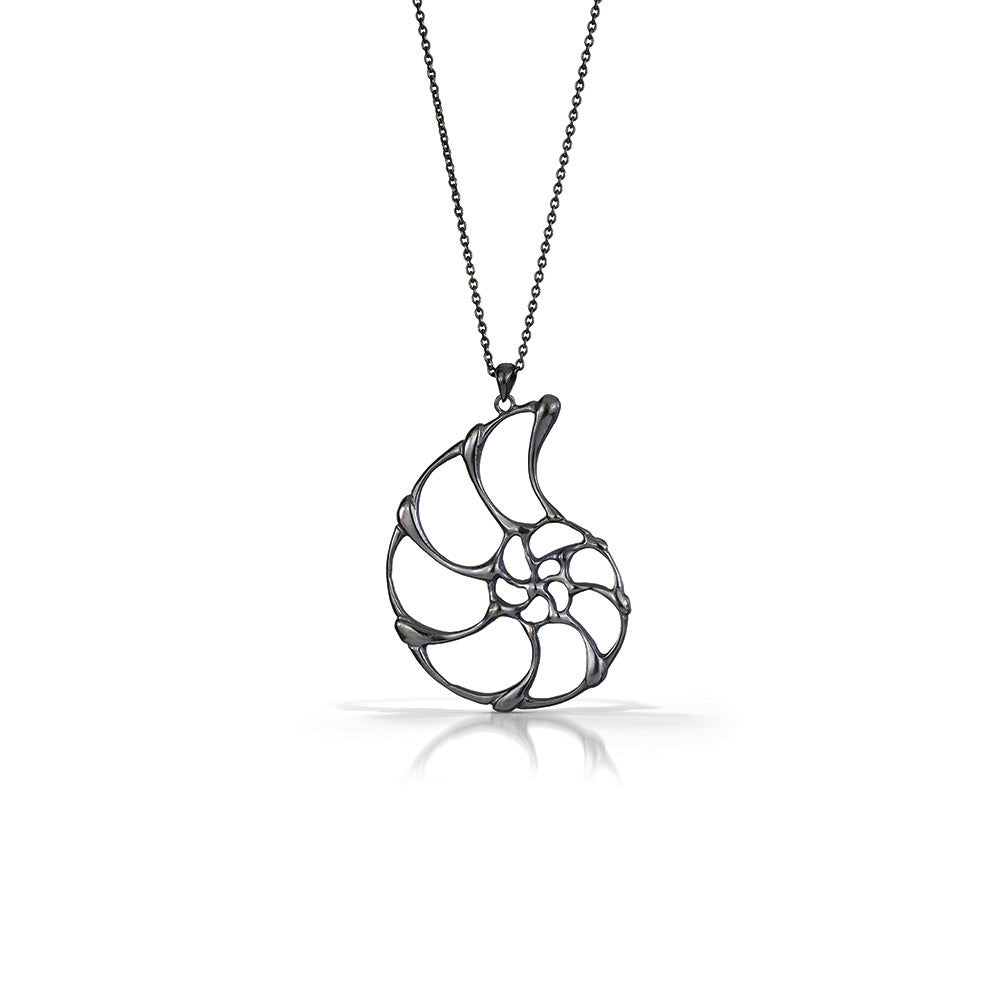 open ammonite necklace in oxidized sterling silver