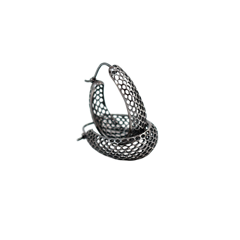 Small Oval Snakeskin Hoops in Oxidized Sterling Silver