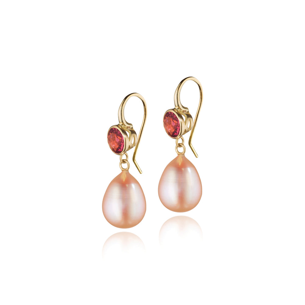 18k gold bezel set pink zircon earrings with blush colored fresh water pearl drops