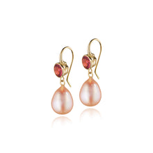 18k gold bezel set pink zircon earrings with blush colored fresh water pearl drops