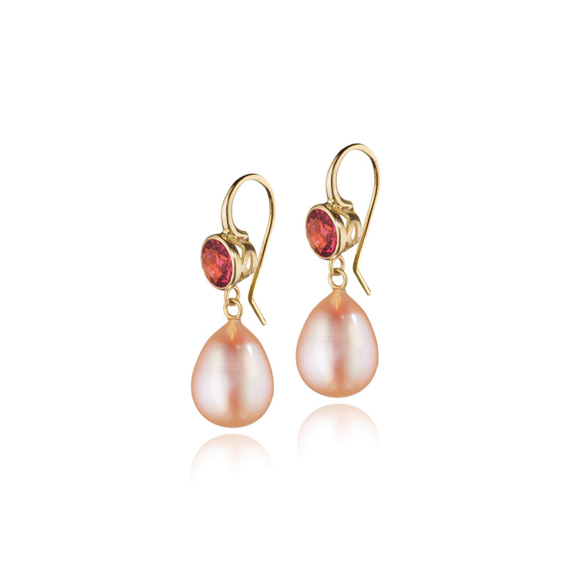 18K Gold Crownwork Earrings with Pink Zircon and Blush-Colored Freshwater Pearls