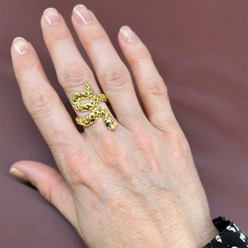 Crownwork Snake Ring with Emerald Eyes