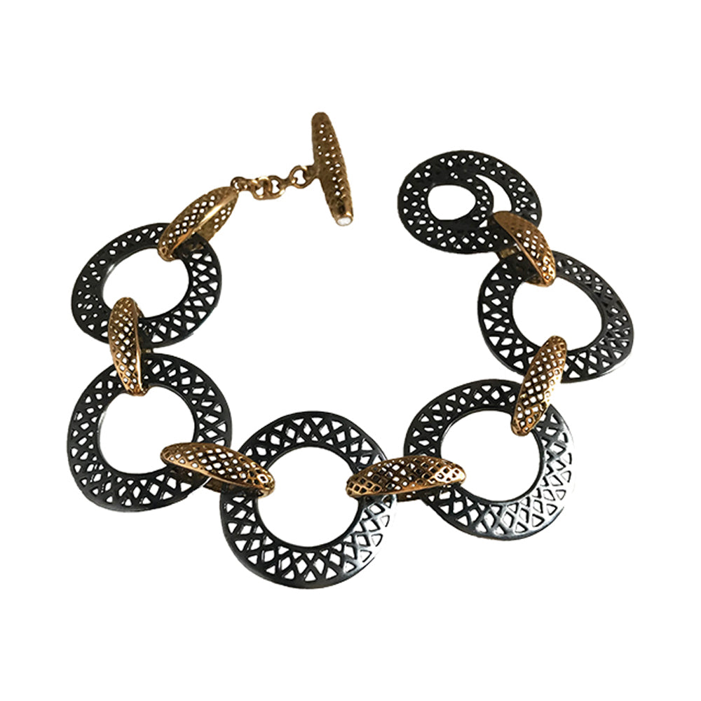 18K Gold and Oxidized Sterling Silver Crownwork Bracelet
