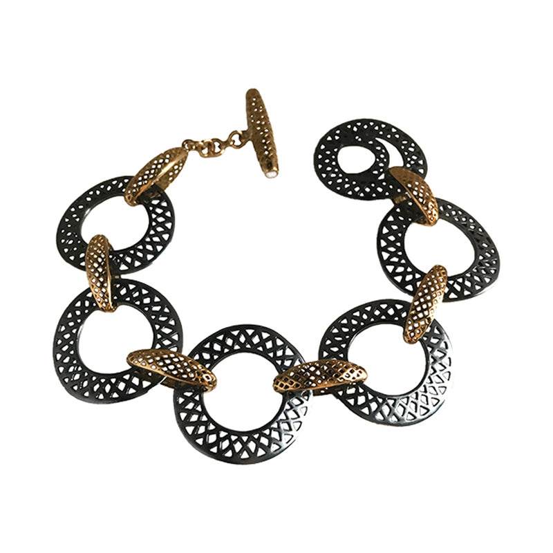 18K Gold and Oxidized Sterling Silver Crownwork Bracelet