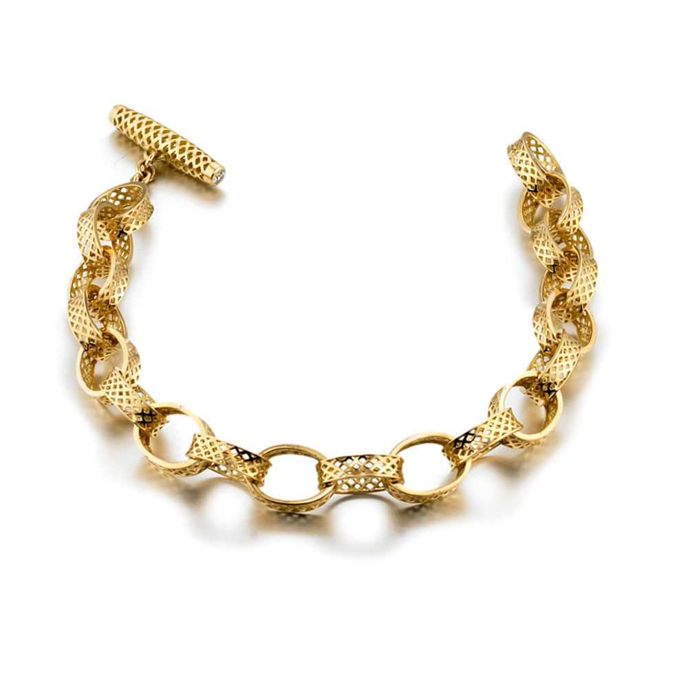 18K Yellow Gold Medium Classic Cable Crownwork Link Bracelet with Diamond Set Toggle