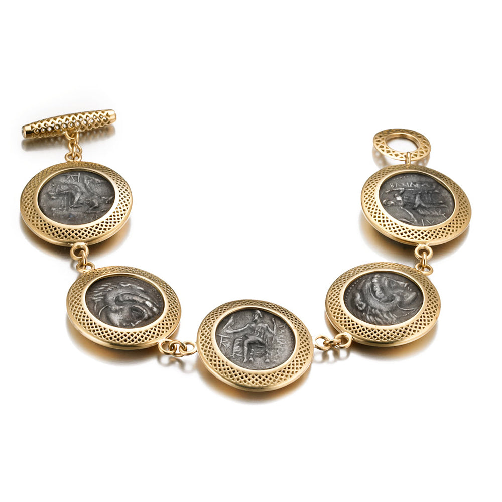 Alexander the Great Silver Coins Set in 18K Yellow Gold Crownwork Frame Bracelet.
