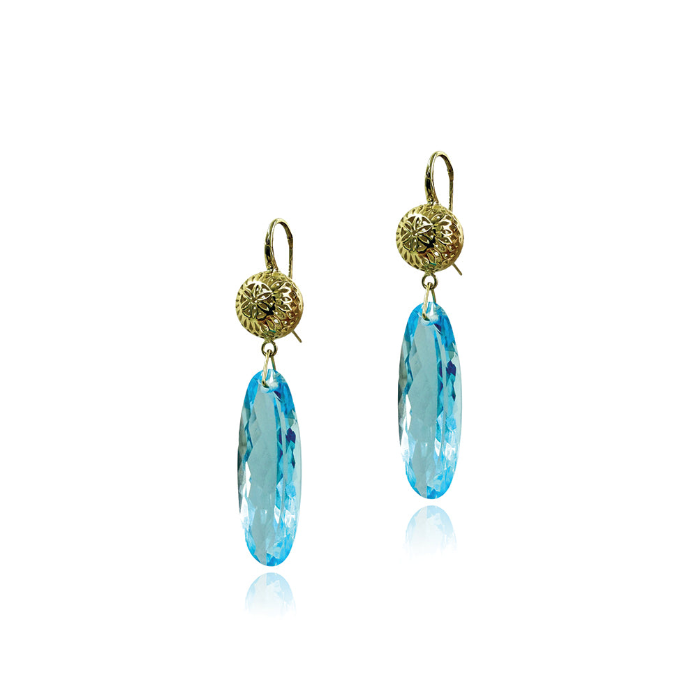 Crownwork Ball Earrings with Long Faceted Blue Topaz Drops